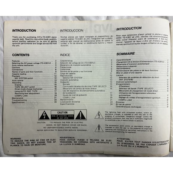 JVC Stereo Casette Deck TD-X301A/C/J/U Original Instruction Book Manual - Picture 3 of 5
